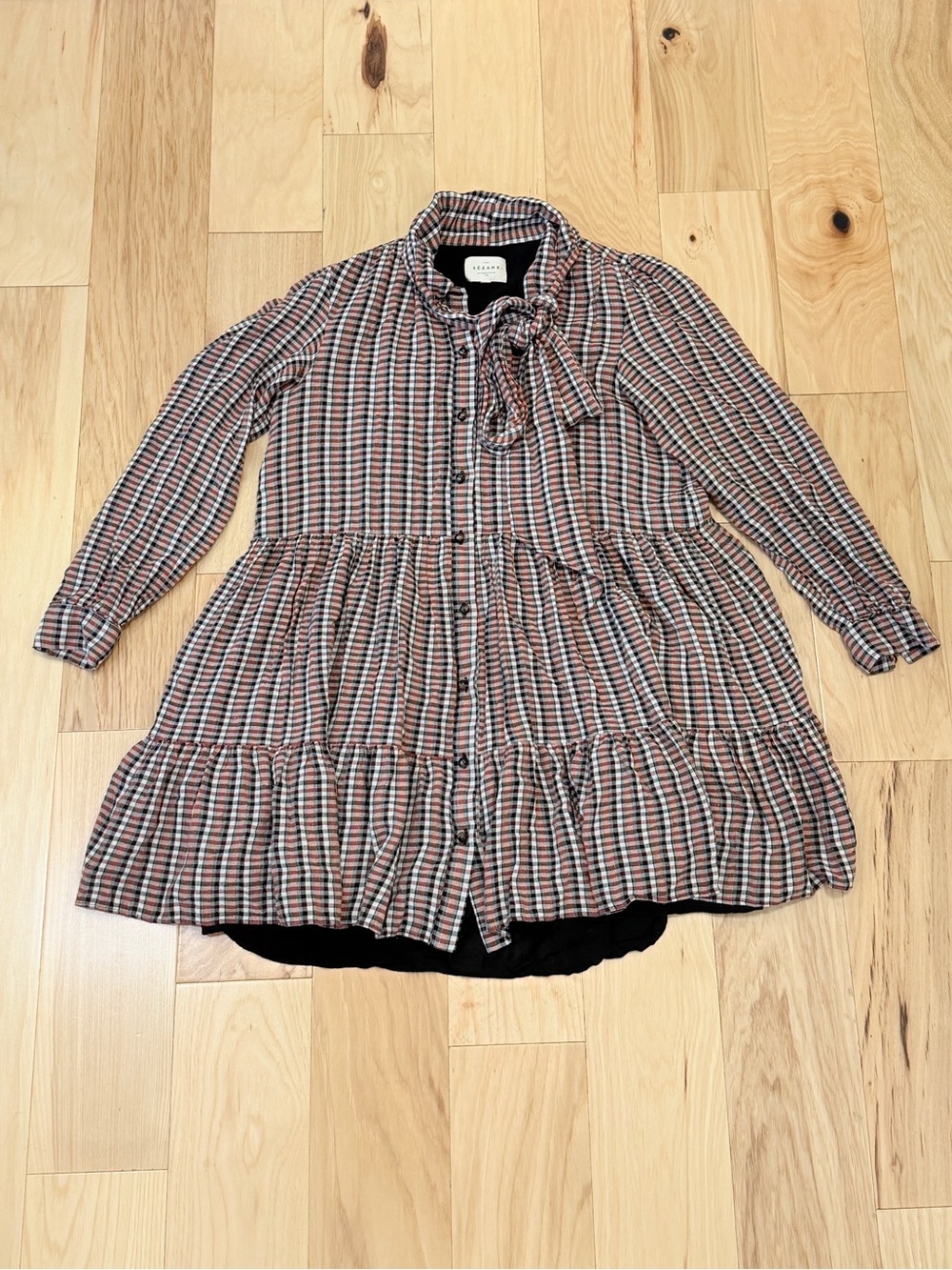 Sezane Plaid Midi Dress in Black, White & Brown - Picture 2 of 5